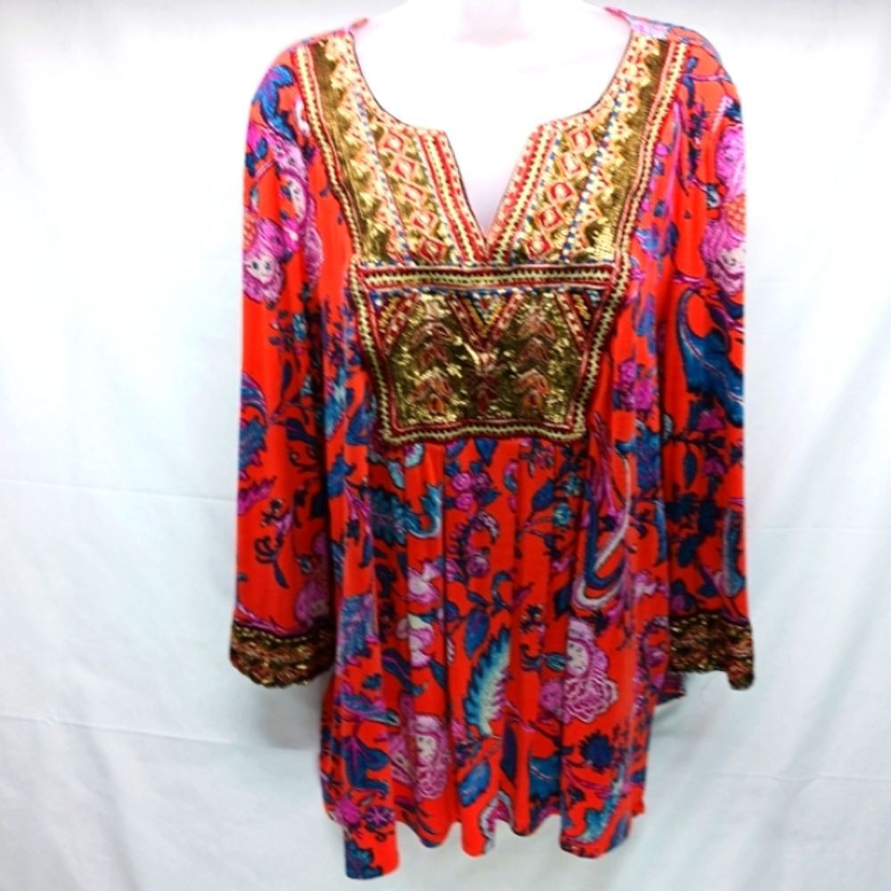 Soft Surroundings Beaded Floral Boho Peasant Tunic 3/4 Sleeve Floral Orange 1X..
